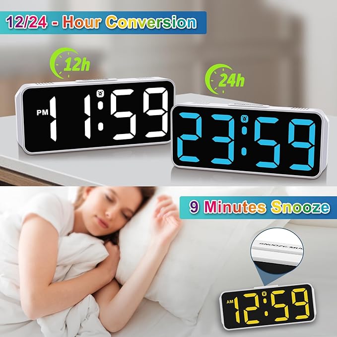 Peakeep Small Digital Alarm Clock Plug in for Kids Bedroom Bedside Nightstand, 8 RGB Colors Large Display Dimmable 6 Brightness, Corded Electric Battery Backup (White - RGB)