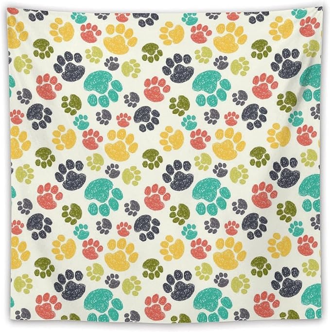 VUMIVI Dog Paw Tapestry Hand Painted Colorful Animal Footprints Doodle Kids Painting Tapestry Wall Hanging for Living Room Bedroom Dorm Classroom Aesthetic Decor W60xL60in