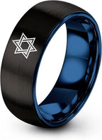 Mezuzah star Of David Ring - Gift for Jewish Family - Flat Dome Bevel - 8mm - Men Women - Yellow Gold Black Silver Blue - Anniversary Wedding - Personalized Custom Engraving - Band - Brushed Polished