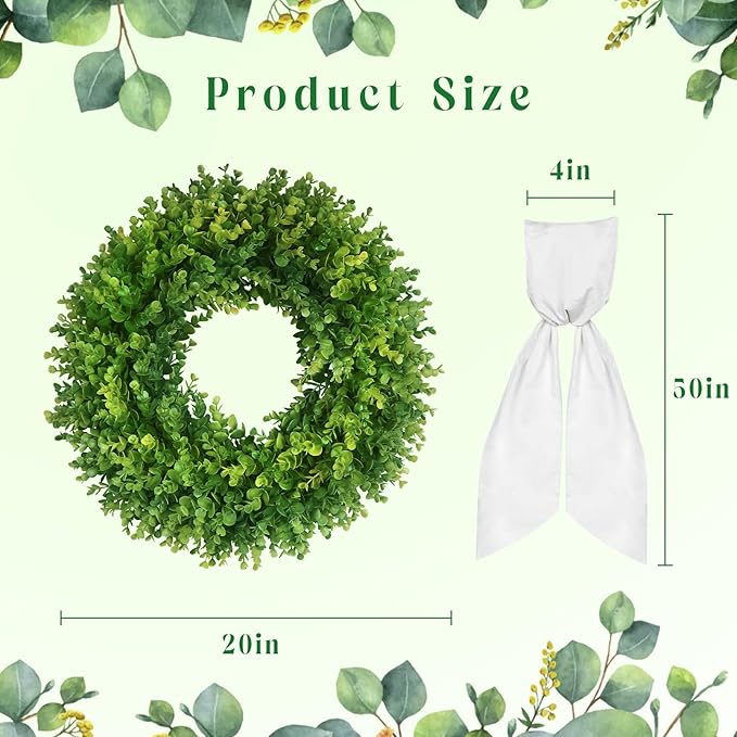 20''Boxwood Wreaths for Front Door,Artificial Spring Summer Wreath,Boxwood Wreaths with Sash,All Seasons Wreath for Farmhouse,Wedding,St Patrick's Day Decoration,Indoor & Outdoor