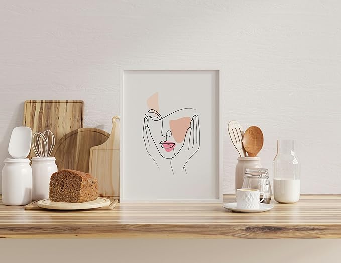 Aesthetic Face Wall Art Hands on Cheeks Continuous Line Drawing Abstract Pink Shapes 11x14 Inch Oak Wood White Framed Modern Portrait for Bedroom Vanity