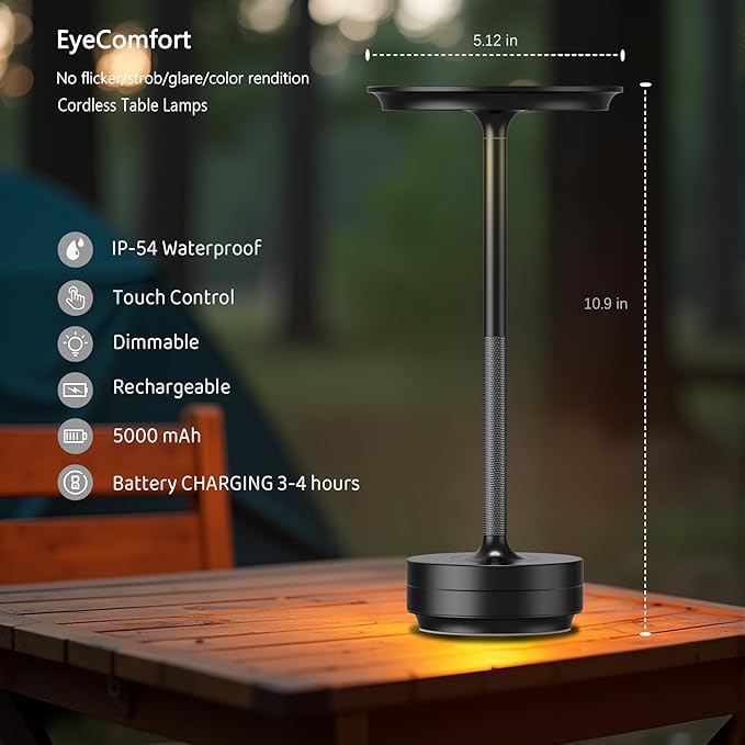 2-Pack Rechargeable Cordless Table Lamps – 5000mAh LED Touch Lamps with 3 Color Modes & Stepless Dimming – Metal Table Lights for Dining, Patio, Bedroom, Camping, Restaurant(Black)
