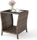 Outdoor Wicker Side Table Rattan Side Tables End Table for Patio with Glass Top Rattan Storage for Patio Garden Balcony