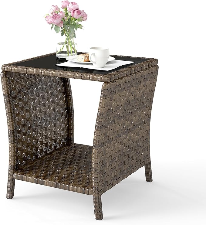 Outdoor Wicker Side Table Rattan Side Tables End Table for Patio with Glass Top Rattan Storage for Patio Garden Balcony