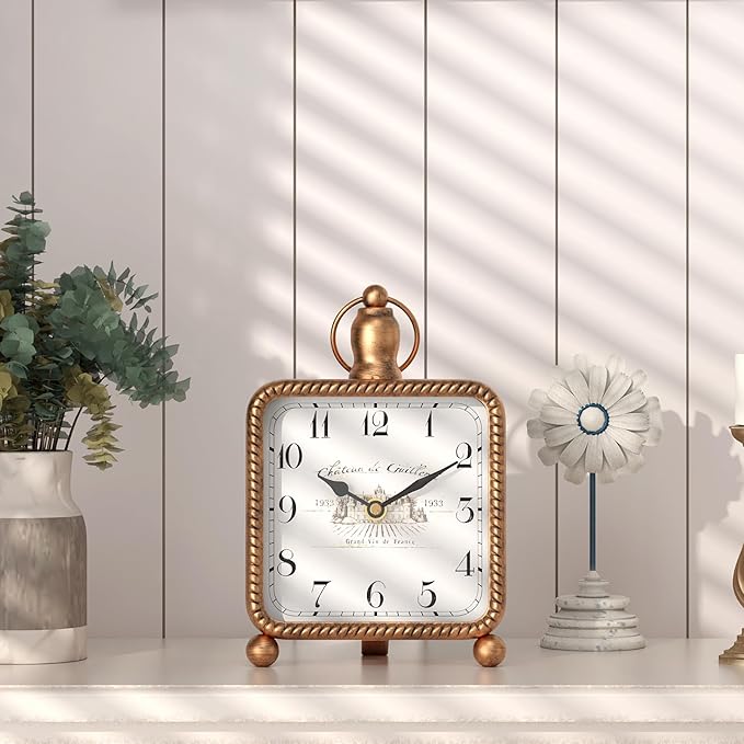 Vintage Gold Table Clock on Stand, Desk and Shelf Decor Clock, French Rustic Style Mantel Clocks for Farmhouse, Living Room, Bedroom, Bedside, Gift (8.5" H x 5.5" W)