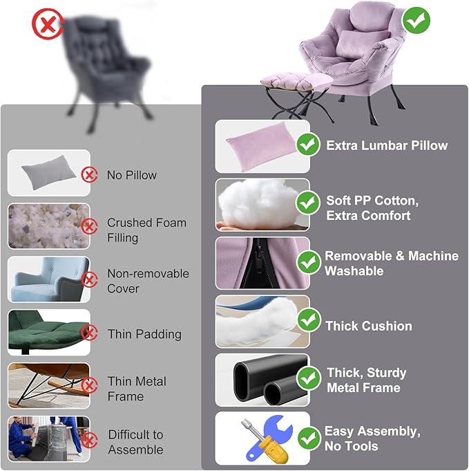 Lazy Chair with Ottoman, Modern Accent Chair with Lumbar Pillow, Velvet Light Purple Sofa, Lounge Chairs with Folding Footrest, Oversized Supportive Chairs for Bedroom, Reading