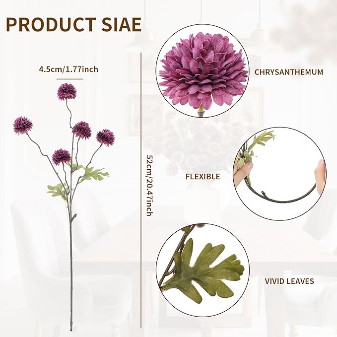 DuHouse 6pcs Artificial Flowers Faux Silk Pompon Mum,Silk Small Mini Chrysanthemum Ball with Stems for DIY Bouquets Centerpieces Vase Home Table Kitchen Decorations(Plum)