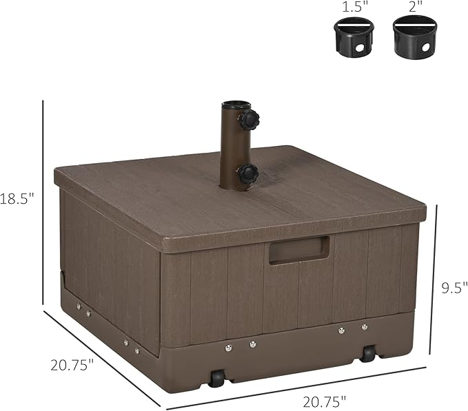 Outsunny 3-in-1 Outdoor Umbrella Base, Coffee End Table, Planter Box with Drain Hole, 175 lbs. Capacity Heavy Duty Fillable Patio Umbrella Stand Table with Wheels and Handles for Deck, Poolside, Brown