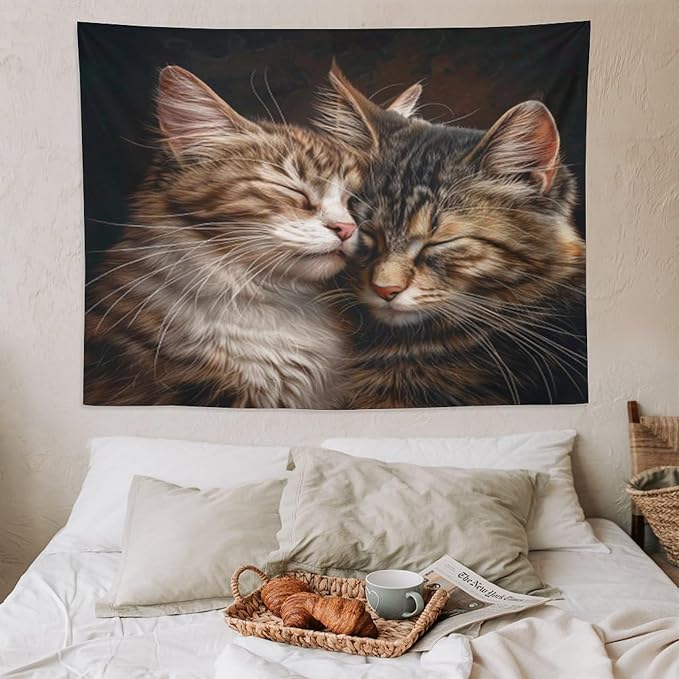 VUMIVI Cat Tapestry Adorable Animals Two Kittens Snuggling Together Vintage Print Realistic Design Tapestry Wall Hanging for Living Room Bedroom Dorm Classroom Aesthetic Decor W80xL60in