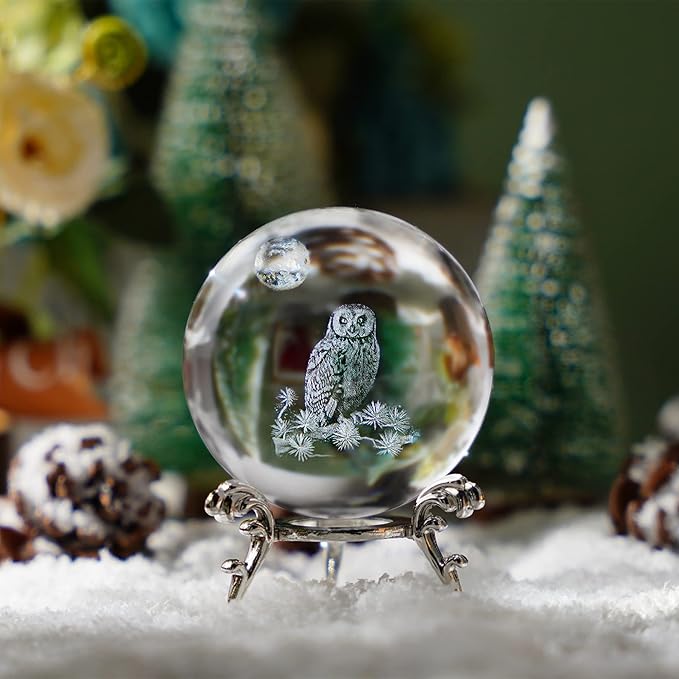 HDCRYSTALGIFTS 60mm 3D Laser Crystal Ball Paperweight OWL Figurines Glass Sphere Decorative Balls with Stand Gift