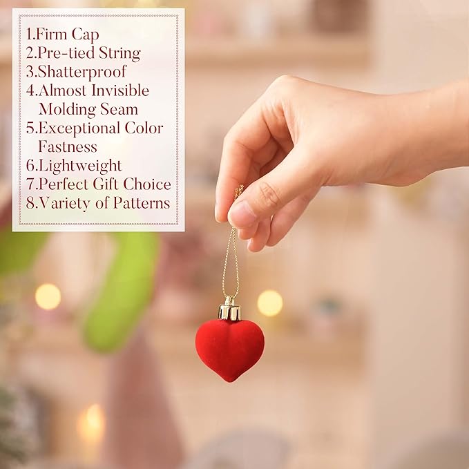 Valery Madelyn 1.57 Inches Small Red Christmas Heart Ornaments Set for Valentines Day Tree Decorations, 16ct Velvet Red Shatterproof Christmas Valentines Hanging Ball Decor