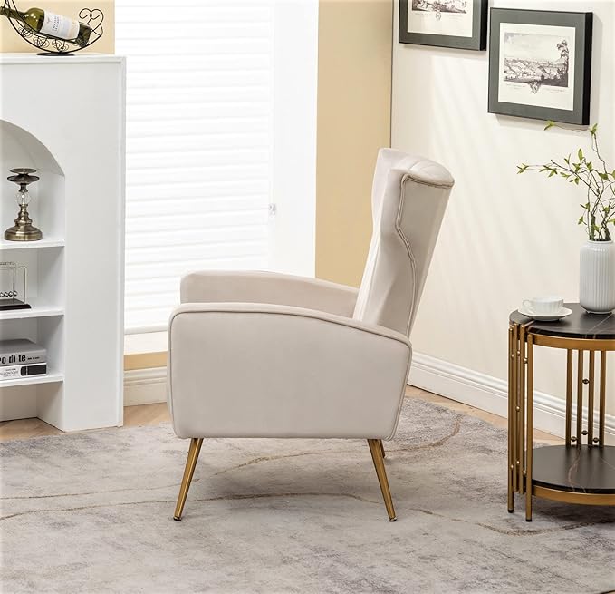 Modern Velvet Accent Chair, Channel Tufted Bedroom, Office or Living Room Furniture with Elegant Metal Legs, 26" Wide Armchair, Beige