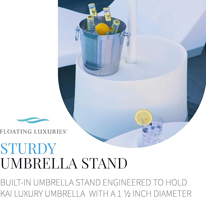 Floating Luxuries in Pool Kai Side Table with Umbrella Hole, White Umbrella Stand Table for Pool Shelf, Up to 15 Inches of Water, Holds Umbrella 1.5 Inches Diameter