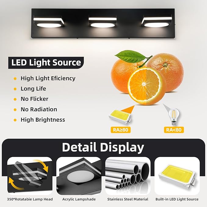 OKELI Bathroom Light Fixtures, Matte Black Vanity Light Modern LED Acrylic Lighting Fixtures, Bathroom Accessories Dimmer Lamps, 3CCT, 22-inch