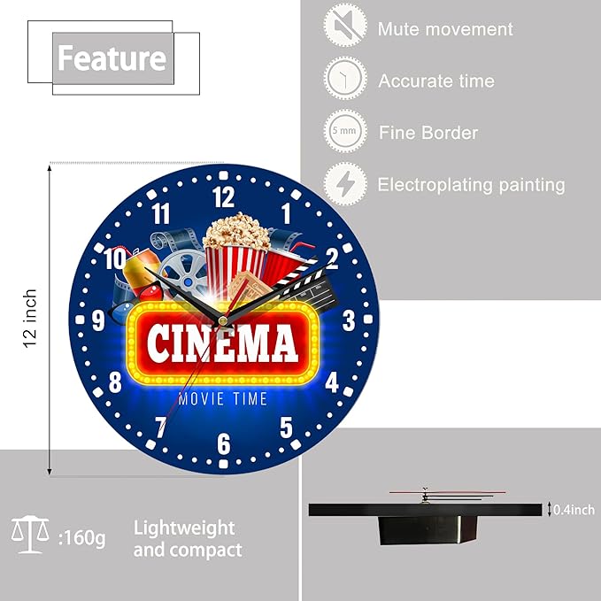 SPUNKER Wall Clock,Cinema Theme Wall Clocks,Movie Time Popcorn Battery Operated Wall Clock Silent Non-Ticking Decorative for Home Kitchen Bathroom Living Room Bedroom Office 10 Inch