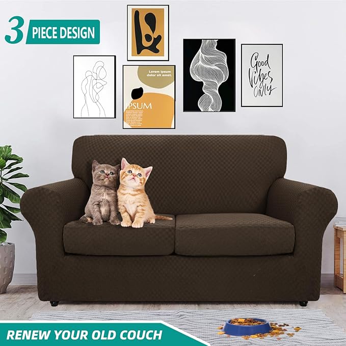 YEMYHOM Latest Checkered 3 Pieces Couch Covers for 2 Cushion Couch High Stretch Thickened Love Seat Sofa Cover for Dogs Pets Elastic Loveseat Slipcover Protector (Dark Coffee), 55"-69"(2 Cushions)