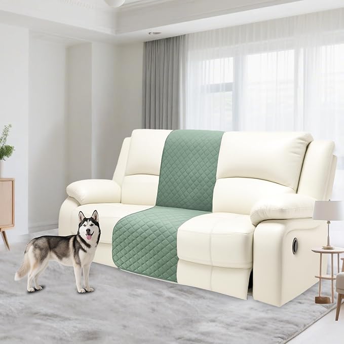 Recliner Sofa Covers 100% Waterproof Velvet L Shape Recliner Couch Covers for Dogs Pets Washable Anti Slip 1 Additional Couch Cover for Reclining Couch (Additional Seat, Sage Green)