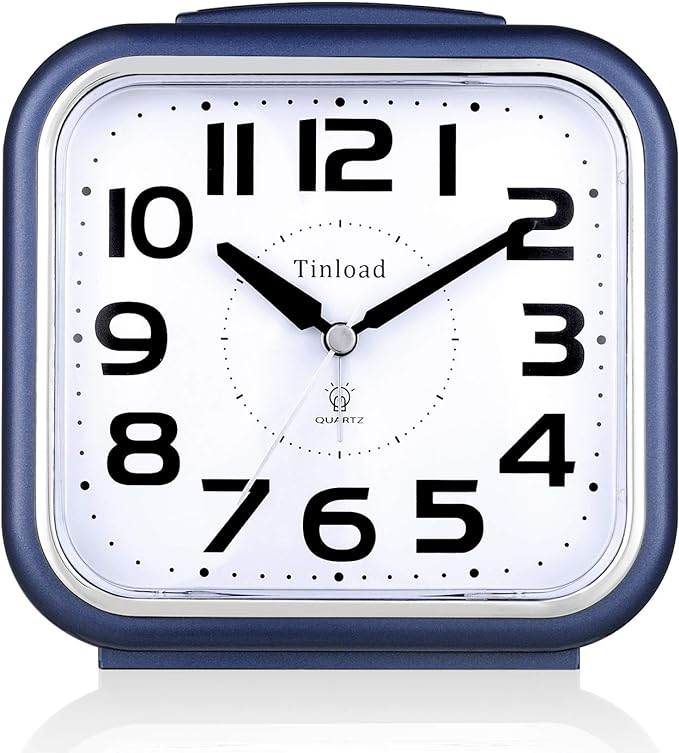 5.5" Large Analog Alarm Clock Silent Non Ticking, Gentle Wake, Beep Sounds, Increasing Volume, Battery Operated Snooze and Manual Light, Easy Set, Blue
