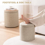 Faux Leather Round Ottoman with Storage 12.6" W x 14.17" H & 14.76" W x 17.32" H Set of 2, Small Boucle Coffee Table Footstool with Removable Lid for Living Room, Bedroom, Beige