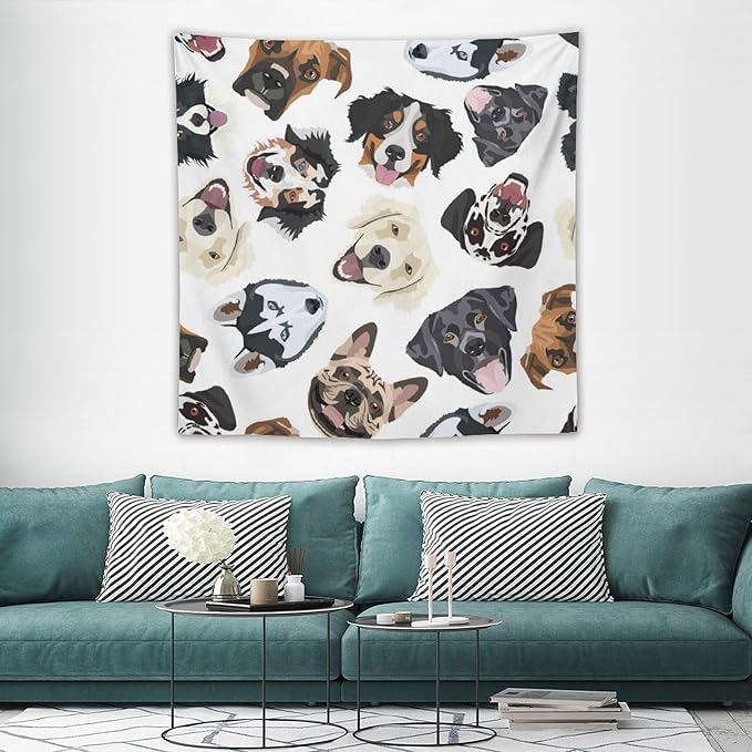 VUMIVI Dog-Head Tapestry Cartoon Pet Illustrations Cute Funny Animals Colorful Graffiti Tapestry Wall Hanging for Living Room Bedroom Dorm Classroom Aesthetic Decor W60xL60in