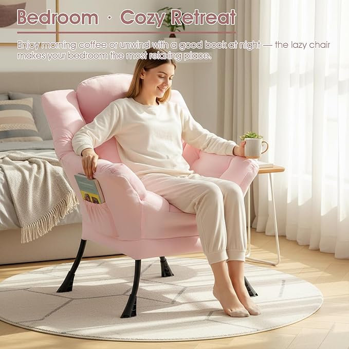 Lazy Chair for Living Room, Large Pink Lounge Accent Chair with a Throw Pillow, Leisure Sofa Chair Set, Comfy Reading Chair for Bedroom, Dorm Room, Office
