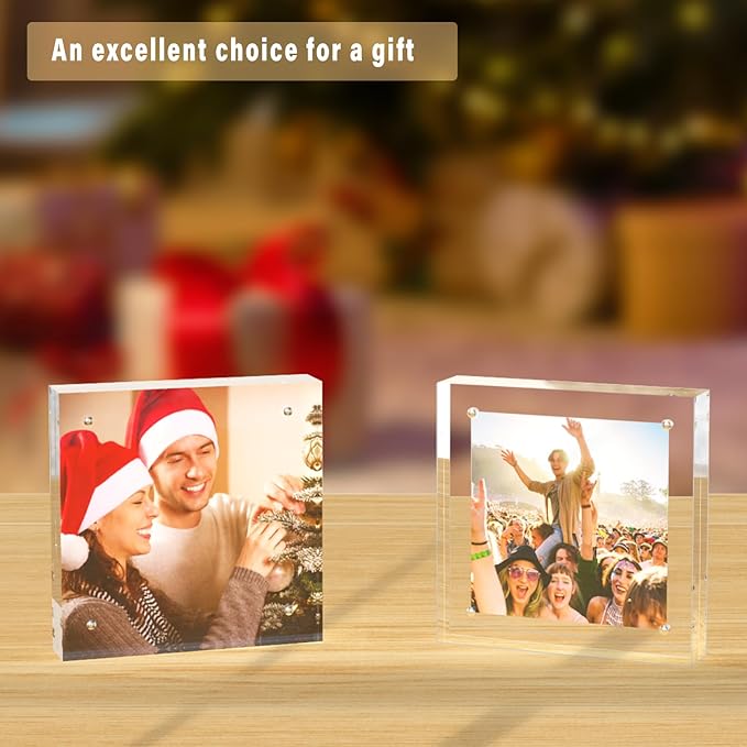 HELPLEX 5 Pack 8x8 Acrylic Picture Frames, 24mm Thicker Square Frameless Clear Frame Double Sided Magnetic Frame, Free Standing Desktop Display Stand Acrylic Frames