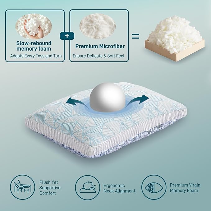 Shredded Memory Foam Cooling Soft Bamboo Viscose Pillow Adjustable Hypoallergenic Hotel Quality Pillow for Stomach, Back or Side Sleeper, Oeko-TEX Certified King Size