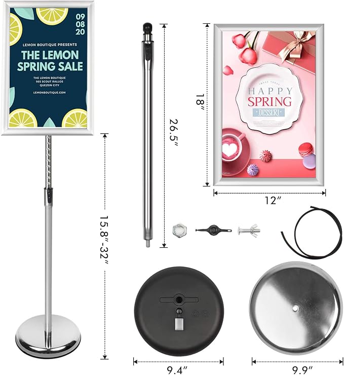 DISPLAYSWORKER Adjustable Poster Sign Stand,Floor-Standing Sign Holder with Heavy Duty Pedestal,for school hospital church shopping mall Silver 11 x 17inch