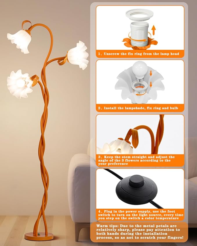 Flower Standing Lamp for Bedroom - 3 Color Temperatures Decorative Flower Tall Floor Reading Lamp with Flexible Neck for Bedroom Living Room Office Corner (Cosmic Orange)