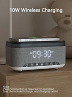 Bluetooth Speaker Alarm Clock with 10w Fast Wireless Charger for iPhone Samsung, 10W Stereo Bluetooth Speaker, 12-Color Night Light, White Noise Machine Digital Clock with FM Radio for Bedroom