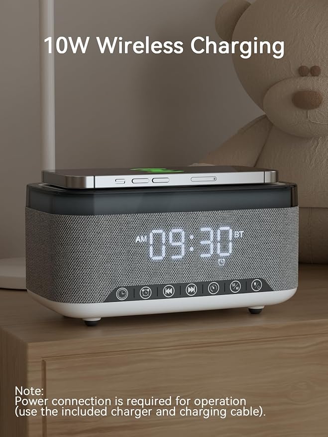 Bluetooth Speaker Alarm Clock with 10w Fast Wireless Charger for iPhone Samsung, 10W Stereo Bluetooth Speaker, 12-Color Night Light, White Noise Machine Digital Clock with FM Radio for Bedroom