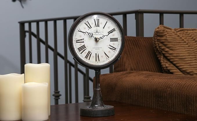 Lily's Home Antique Inspired Decorative Mantle Clock with Large Roman Numerals, Silent-Non-Ticking with Quartz Movement, Fits with Victorian or Antique Décor Theme, Black (11 3/4" Tall x 6 1/2" Wide)