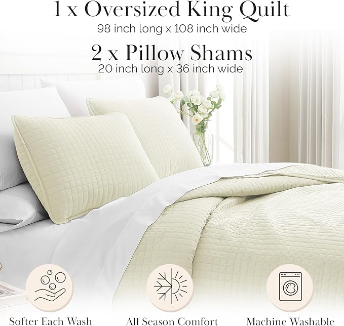Southshore Fine Living, Inc. Oversized King Quilt Bedding Set, Soft Brushed Microfiber, Wrinkle-Free, Stain and Pet Hair Resistant Bedding, California/King Size Quilt Coverlet Set w/2 Shams, Cream