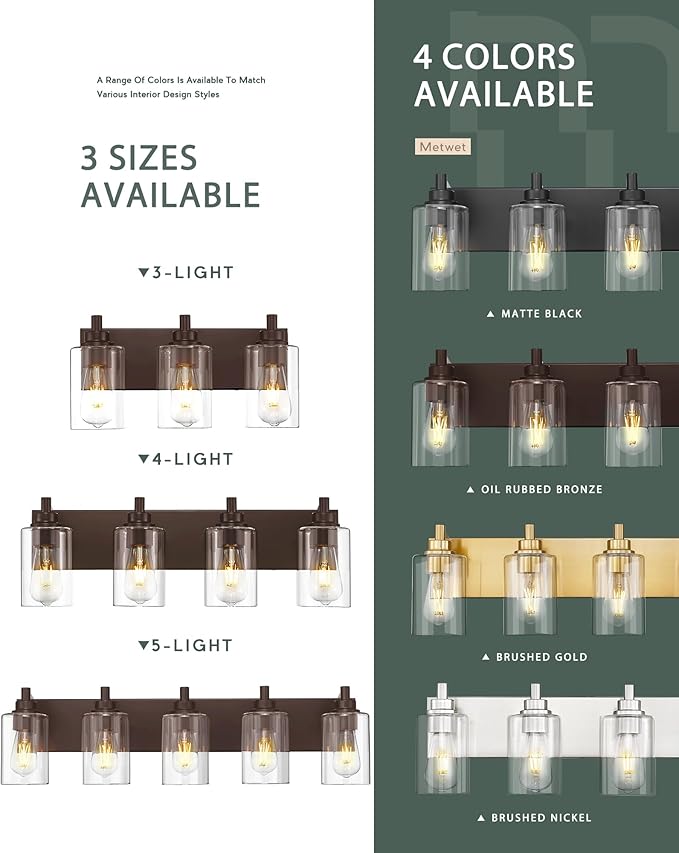 3-Light Bathroom Light Fixtures, Modern Vanity Light with Cylinder Clear Glass Shade, Vanity Lighting Fixtures Over Mirror, Oil Rubbed Bronze, VL143-ORB-3