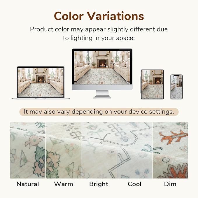 Lessymo Washable Area Rug 9x12 for Living Room, Cream Green Large Rugs for Bedroom Dining Nursery Room, Soft Non-Slip Vintage Floral Oushak Carpet, Boho Tribal Farmhouse Decor