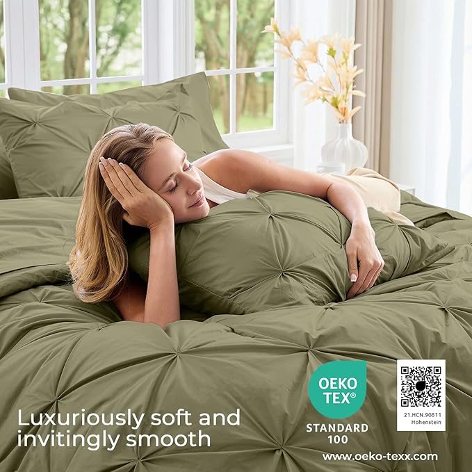 Sasttie California King Comforter Set, 7-Piece Bed in a Bag, Pintuck Bedding Sets for All Season, Includes Comforter, Flat Sheet, Fitted Sheet, Pillowcases and Pillowshams, Olive Green