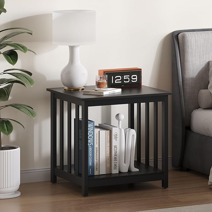Treocho End Tables Living Room Set of 2, 24 Inch Square Side Table with 2-Tier Storage Shelf, Modern Nightstand for Living Room, Bedroom, Office, Black