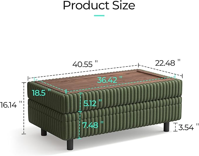 LINSY HOME Sectional Sleeper Sofa Storage Ottoman Bench, Convertible Coffee Table Plush Corduroy Couch Ottoman Footstool for Living Room, Bedroom Entryway and Family Room, Green