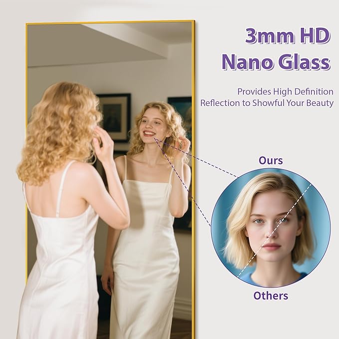 Full Length Mirror, 58"x18" Oversized Floor Mirror Freestanding, Full Body Mirror Floor Standing Mirrors with Stand, Hanging Mounted Mirrors for Bedroom Living Room, Gold, Rect Style