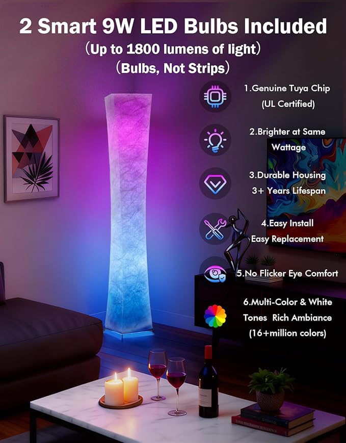LEONC RGB+CCT Floor Lamp with Remote, 1800lm LED Tuya Smart 9W×2 Bulbs, 65" Smart Modern Floor Lamp with Alexa, Music Sync and 16 Million Colors, Color Changing Standing Lamp for Bedroom Living Room