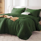 MUXHOMO 7 Pieces California King Comforter Set, Seersucker Bed in a Bag Cal King Size, All Season Luxury Bedding Set with Comforter, Flat Sheet, Fitted Sheet, Pillowcases & Shams, Dark Green