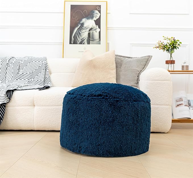 Pouf Ottoman Unstuffed Round Foot Rest Floor Foot Stool Pouf Bean Bag Cover with Storage for Living Room Bedroom Navy Blue No Filler