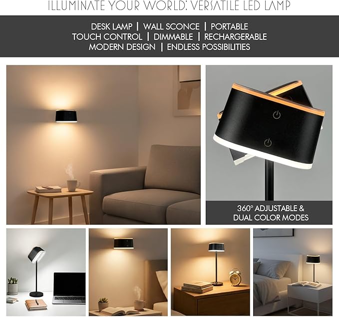 2 Pack Dual-Tone Rechargeable Cordless Desk Lamp – Black Portable Table Light, Type-C Charging Table lamp, Touch Control, 3 Color Temps, Stepless Dimming for Reading Study Bedside