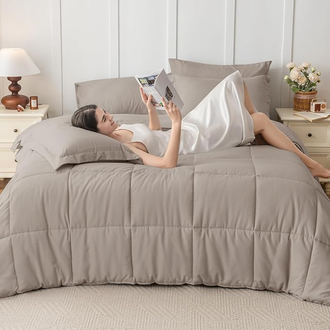 JOLLYVOGUE King Comforter Set, Ultra-Soft Bed in a Bag King Size 7 Pieces, Oeko-TEX Certified Bedding Set with Down Alternative Comforter, Sheets, Pillowcases & Shams, Khaki