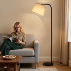 Ambimall Remote-Controlled Floor Lamp - Color Temperature Adjustable and Fully Dimmable, Standing Lamp for Living Room with Rotating Head, Tall Lamp for Bedroom, 9W Bulb Included (Black and Beige)