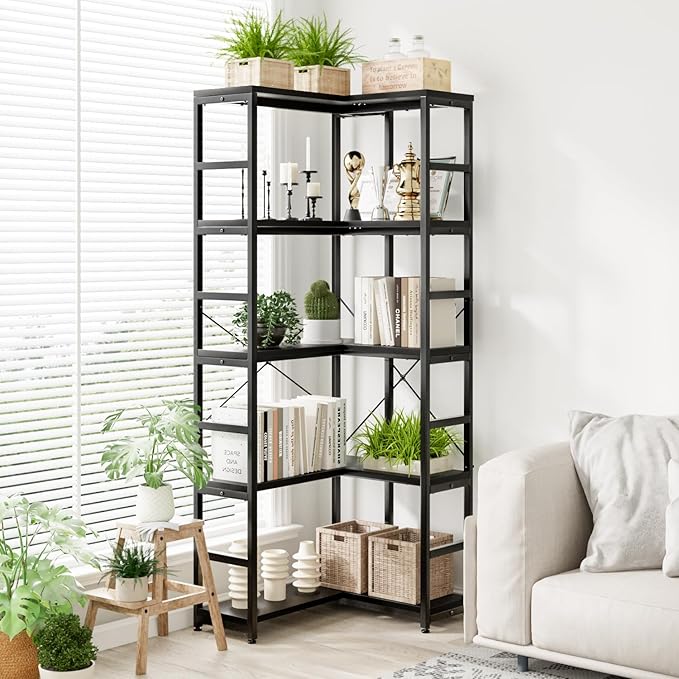 NUMENN 5 Tier Corner Bookshelf, Wood and Metal Bookcase Storage Shelf, Tall Corner Cabinet for Living Room, Bedroom, Home Office and Kitchen, Black