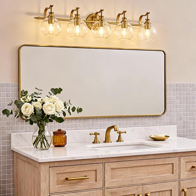 ANDY STAR Brushed Gold Bathroom Light Fixtures, 5-Light Vanity Lights for Mirror, 35 Inch Modern Wall Sconces Lighting with Globe Clear Shade Up or Down Wall Mounted for Bedroom, Living Room, Hallway