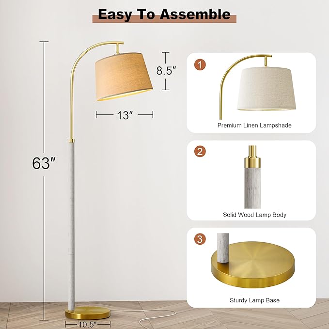 63" Wood Floor Lamps for Living Room with Foot Switch Arc Tall Standing Lamp for Bedroom Mid Century Modern Corner Gold Floor Lamps for Office Nursery Industrial Reading Lamp, White