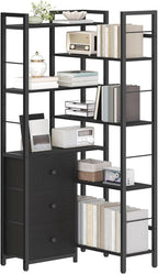 Corner Bookshelf, 7 Tier L-Shaped Bookcase with 3 Drawers, Storage Corner Shelf, Freestanding Tall Display Shelf, Industrial Style, for Living Room, Home Office, Black SJ10BB