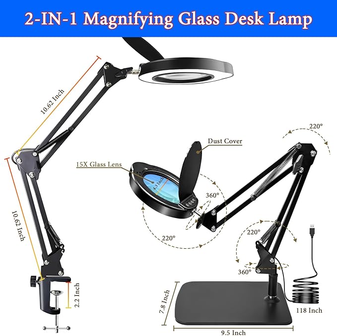 15X Magnifying Glass Desk Lamp with Clamp and Base, Real Glass Lens, 84 LEDs, 5 Color Modes Dimmable, Led Lamp Magnifier with Dust Cover, Clean Cloth, Ideal Gift for Seniors, Crafters, Hobbyists